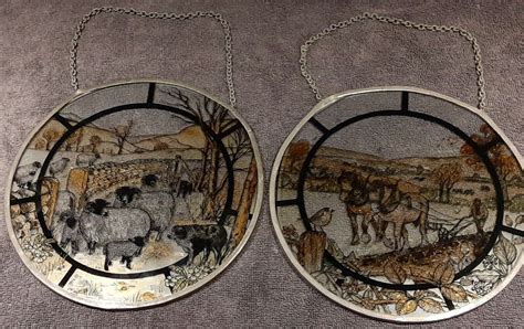 2 Vintage Folk Art Agriculture Farm Glass 8 Suncatchers Pewter Metal Frame Ebay