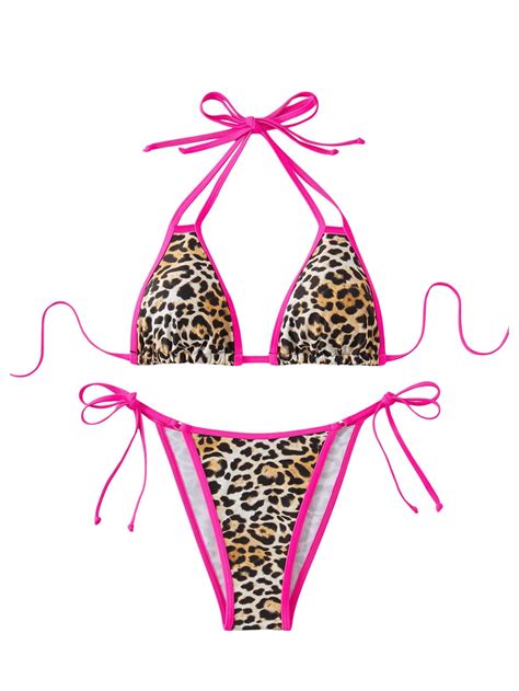 Verdusa Women S 2 Piece Leopard Print Triangle Swimsuit Halter Tie Side String Bikini Sets Brown
