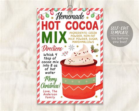 Hot Cocoa Mix In A Jar Gift Tag Editable Template Christmas Mason Jar Hot Chocolate Recipe