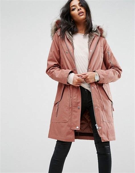 Asos Parka With Detachable Faux Fur Liner Pink Faux Fur Coat Faux Fur Parka Fur Lined Coat