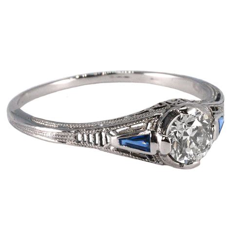 Art Deco Ct White Gold Diamond Sapphire Filigree Ring Antique