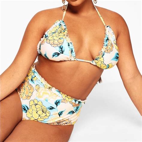 Boohoo Plus Swim Boohoo White Yellow Floral Ruffle String Bikini