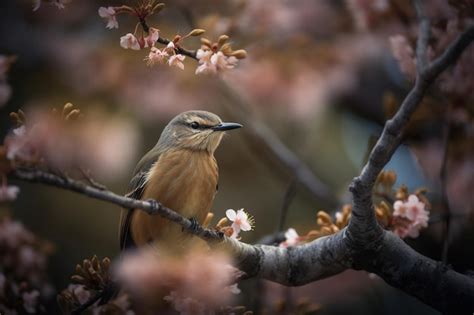 Un Oiseau Est Assis Sur Une Branche Avec Des Fleurs Roses En Arri Re