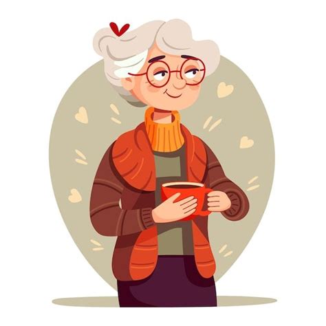 Premium Vector Cute Elderly Woman Holding A Cup Of Tea Or Coffee