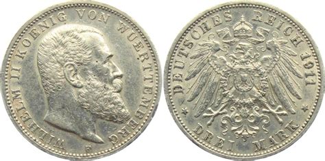 3 Mark 1911 F König Wilhelm II von Württemberg 1891 1918 ss vz MA