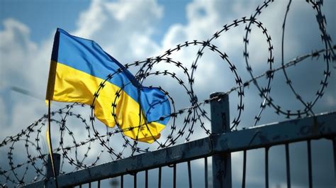 Ukraine Flag Symbol Of Resilience Behind Barbed Wire Premium Ai