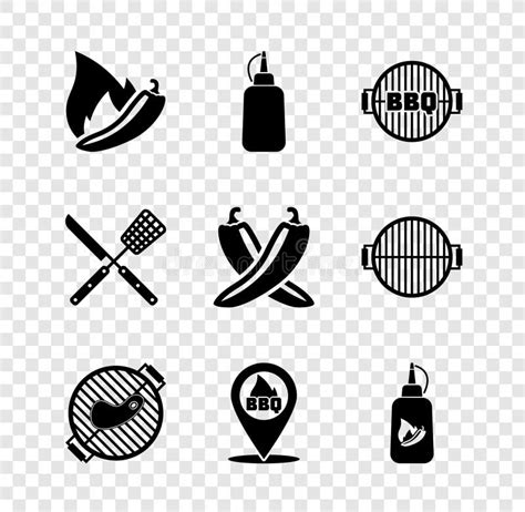 Set Hot Chili Pepper Pod Mustard Bottle Barbecue Grill With Steak