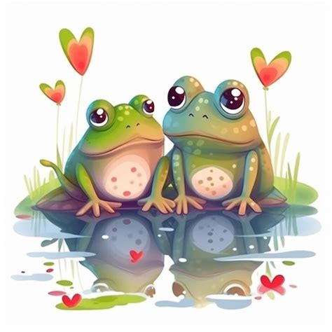 Premium Photo Two Frogs Sitting On A Rock In The Water With Hearts