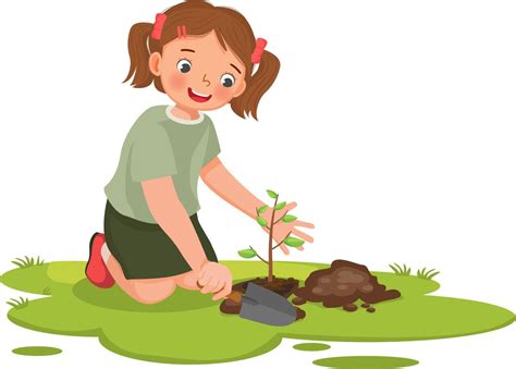 Cute Little Girl With Shovel Planting Young Tree Seedlings In The