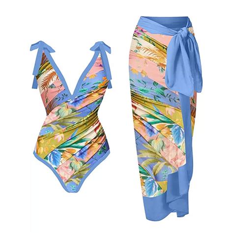 Ibtom Castle Womens V Neck Pieces Swimsuit With Beach Cover Up Sarong Bikini Skirt Set Bathing