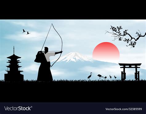 Japanese Archer On Background Mount Fuji Vector Image