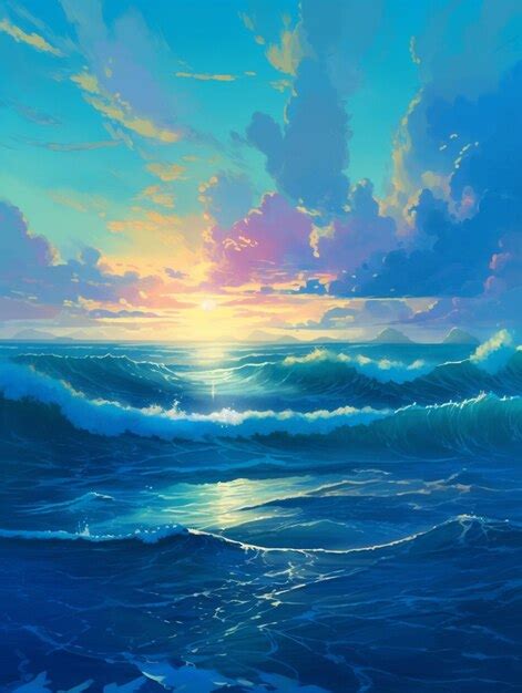 Premium AI Image | A painting of a sunset over a blue ocean with a ...