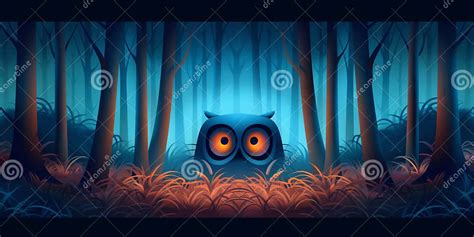 An Owl with Glowing Eyes Peeks Out from Behind Tall Trees in a Dark and ...