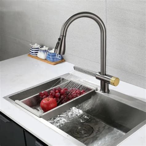 Inart Rotatable Brass Kitchen Faucet Pull Out Sprayer Waterfall Swivel Hot Cold