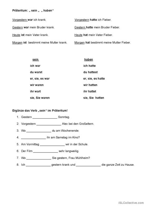 Präteritum von haben und sein Deutsch DAF Arbeitsblätter pdf doc