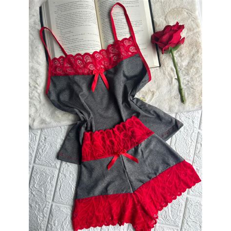 Baby Doll Feminino Renda Camisete Short Bicolor Pijama Dormir Moda Romantic Lingerie