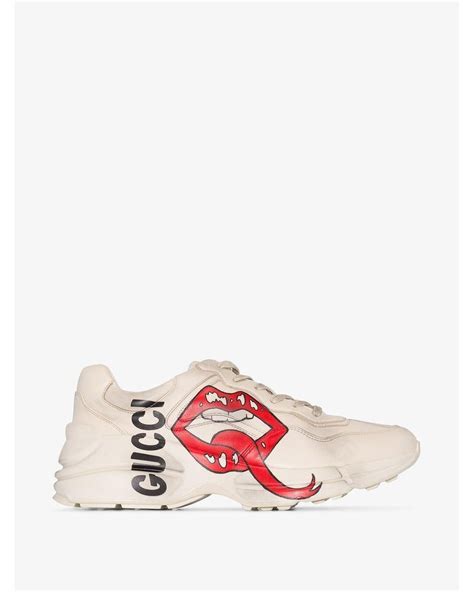 Gucci Rhyton Leather Sneakers With Maxi Mouth Print In White Lyst Uk