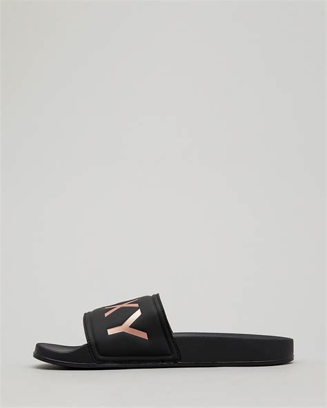 Shop Roxy Slippy Slide Sandals In Black Gold Fast Shipping Easy