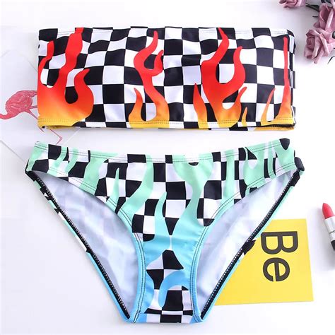 Multicolor Flame Print Bandeau Bikini Set Biquini Female Swimsuit