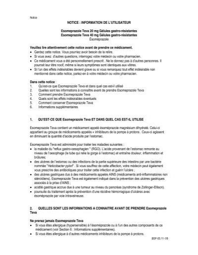 NOTICE INFORMATION DE L UTILISATEUR Esomeprazole Teva