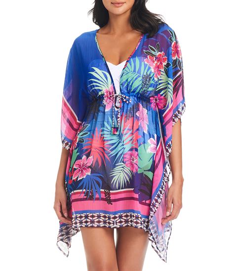 Bleu Rod Beattie Hawaiian Punch Floral Print Swim Cover Up Caftan