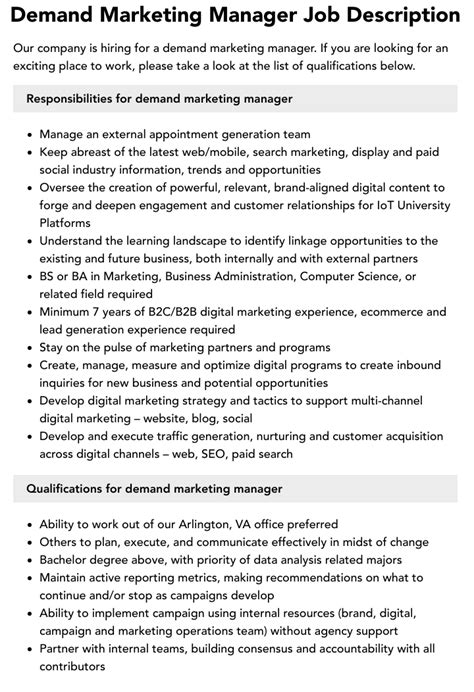 Demand Marketing Manager Job Description Velvet Jobs