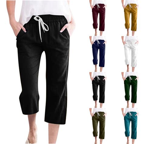 Cflvaek Cotton Linen Capri Pants For Women Plus Size Drawstring Elastic