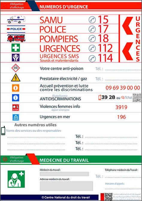 Affichage Obligatoire numéros d urgence 2022