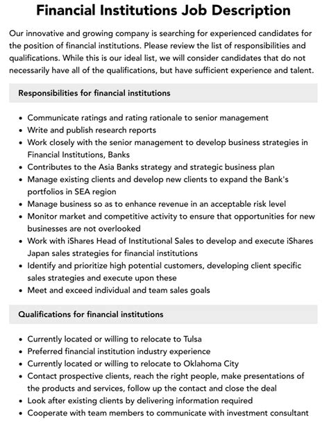 Financial Institutions Job Description | Velvet Jobs