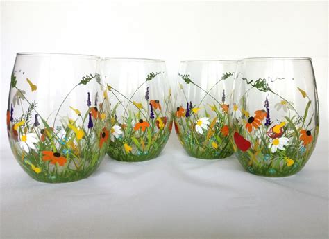 Stemless Wine Juice Water Glasses Hand Painted Wildflower Glasses