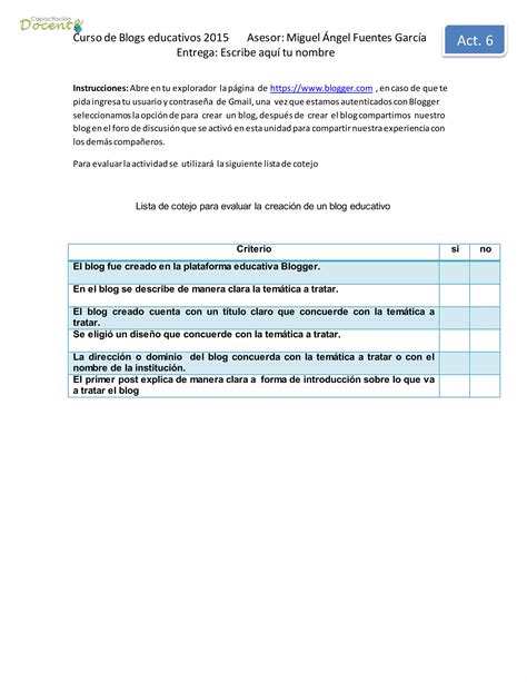 Lista De Cotejo Creaci N De Blog Educativo Pdf