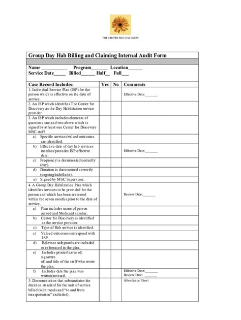 Fillable Online Group Day Hab Billing And Claiming Internal Audit Form