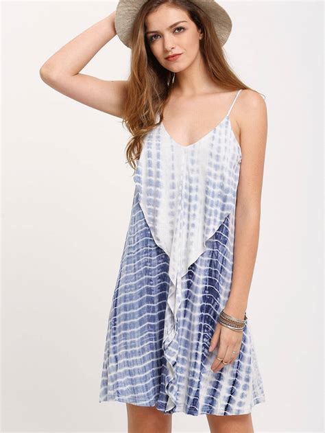 Blue White Ruffle Spaghetti Strap Dress Shein Sheinside