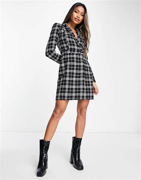 River Island Checked Boucle Blazer Mini Dress In Black Asos