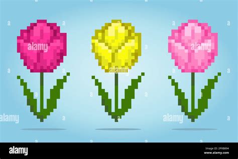 Bit Pixel Flower Of Tulip Set Of Flowers For Cross Stitch Patterns