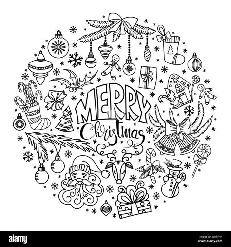 Christmas doodles set. Merry Christmas greeting card. Black and white ...