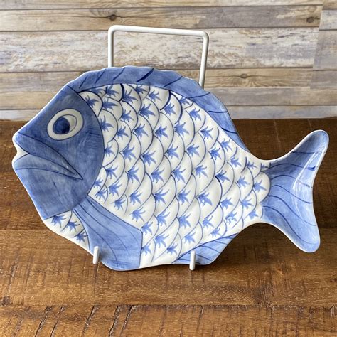 Vintage Ceramic Fish Plate Blue And White Hand Painted Etsy