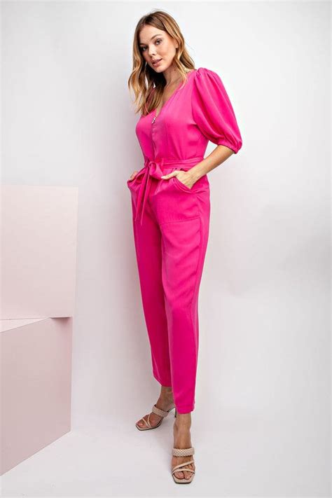 Solid V Neck Jumpsuit Hot Pink The Society Marketplace