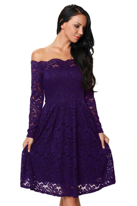 Purple Long Sleeve Floral Lace Boat Neck Cocktail Swing Dress