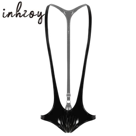 Men S One Piece Lingerie Wet Look Patent Leather Sexy Male Gay Underwear Solid Color Mankini