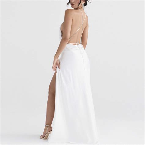 Sarita White Satin Backless Halter Neck Maxi Dress Etsy