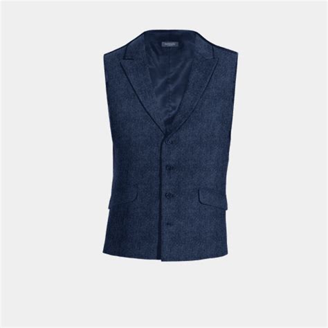 Gilet Classico Con Risvolto A Lancia Blu Reale Spigato In Tweed