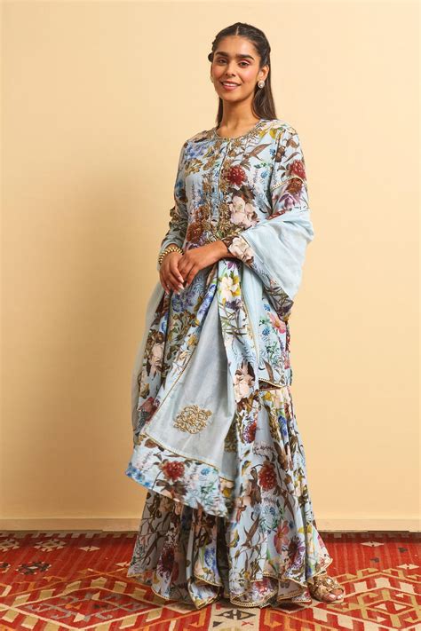 Buy Sage Saga Blue Silk Bemberg Mehrma Floral Print Kurta Gharara Set