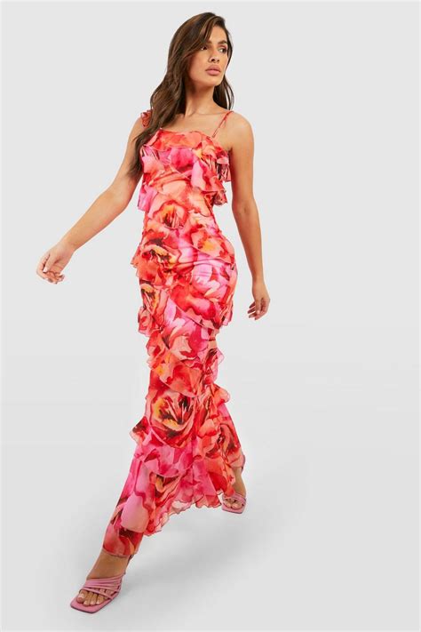 Floral Ruffle Chiffon Asymmetric Maxi Dress Boohoo