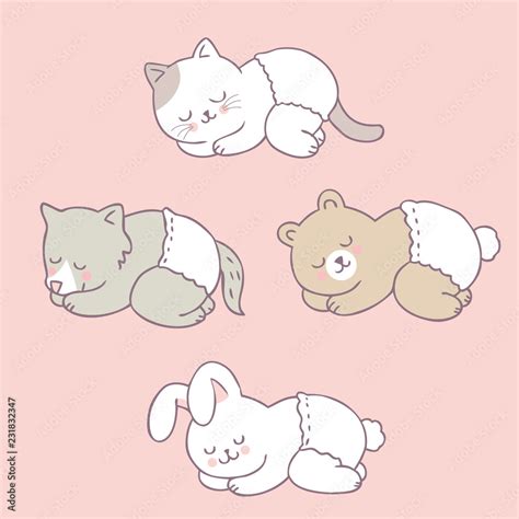 Cartoon cute baby animals sleeping vector. Stock Vector | Adobe Stock