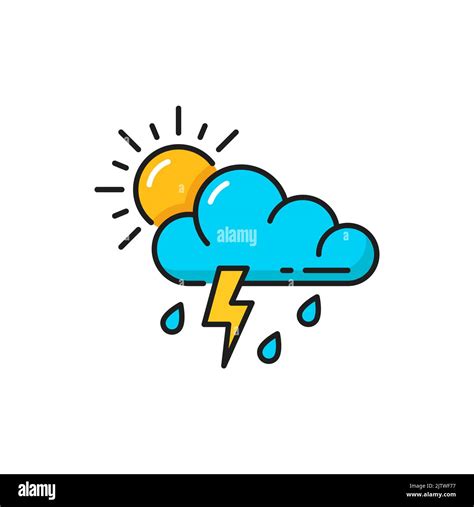 Weather Forecast Icon Thunderstorm Rain Sun And Cloud Overcast Vector Color Outline Symbol