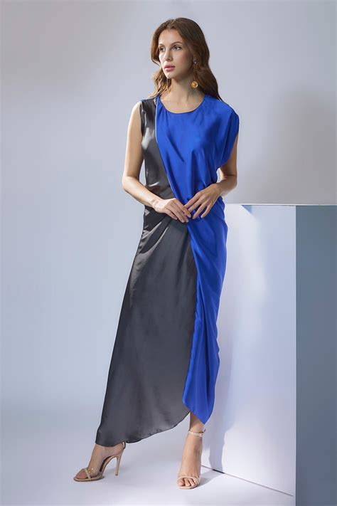 Buy Blue Satin Solid U Neck Color Block Maxi Dress For Women By Na Ka