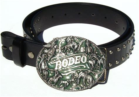 Rodeo Cowboy Theme Buckle and Solid Black Studded Leather Belt Combo ...