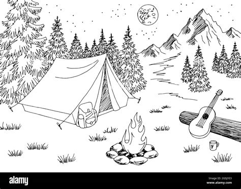 Camping night graphic black white mountain landscape sketch ...