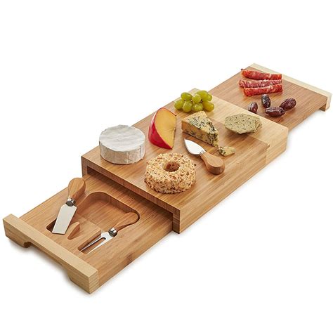 Natural Bamboo Cheese Board Cutlery Set With Slide Out Drawer And